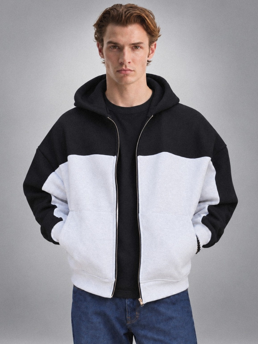 Two-Tone Oversized Zip-Up Hoodie